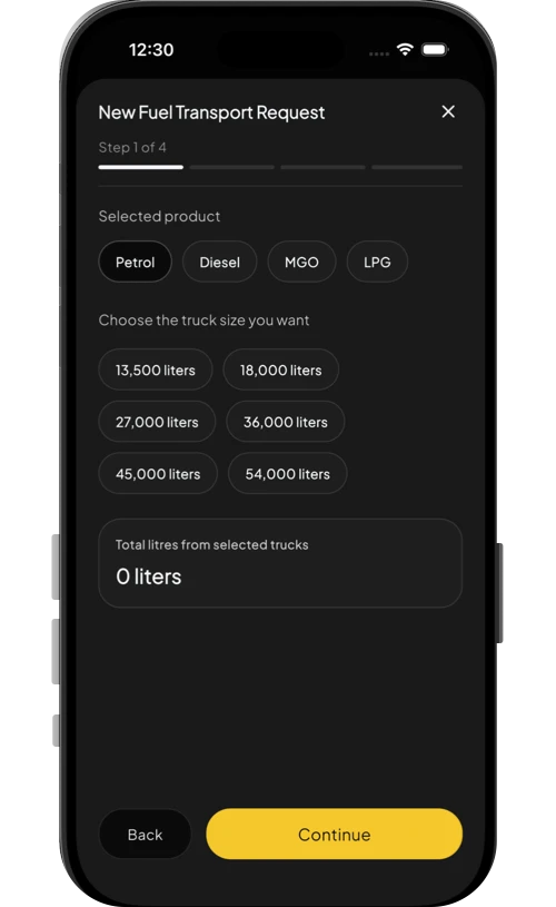 Fuel request creation screen