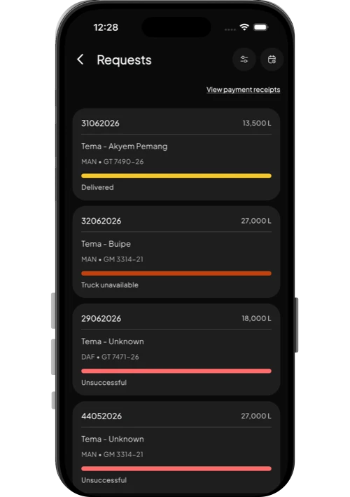 Transporter receipt screen